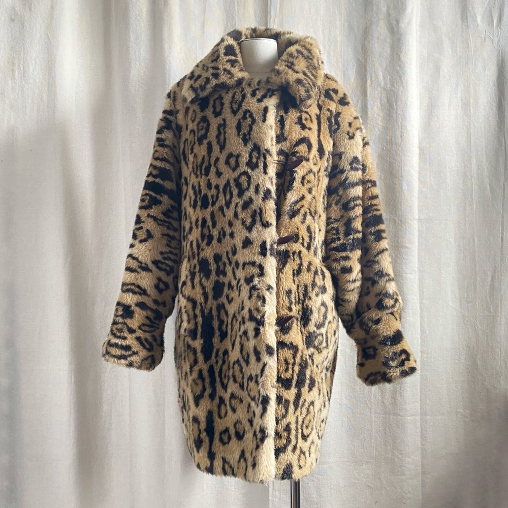 Vintage faux fur leopard oversized coat sz XL brown black made in USA